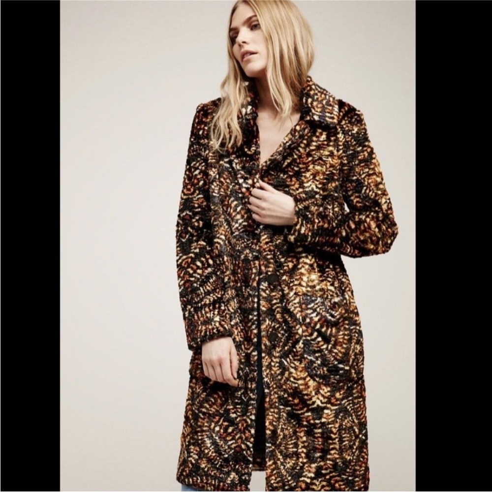 Free People Black Orange Yellow  Patterned Retro Faux Fur Coat M Like New